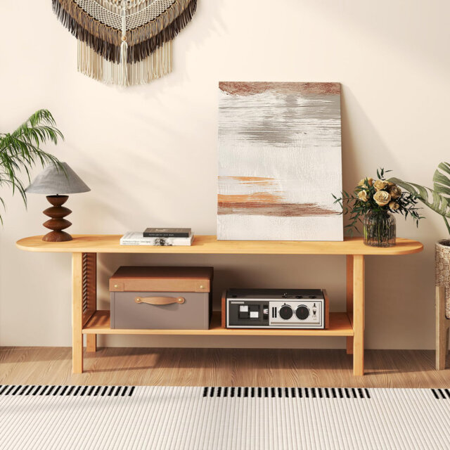TV Table Low TV Bench 140Cm Small TV Cabinet With Rattan Narrow TV Stand Cabinet Bamboo TV Unit For Living Room