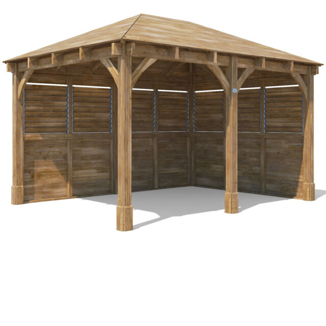 Dunster House Wooden Gazebo Kit Louvre Walled 4m x 3m Heavy Duty Garden Shelter Roof Shingles Leviathan
