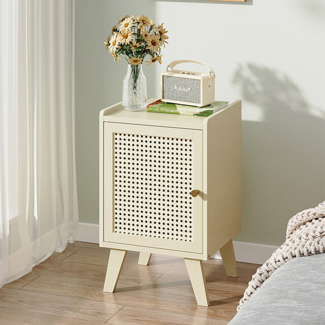 Cream White Faux Rattan Door Nightstand, Single Cabinet Bedside Storage Table