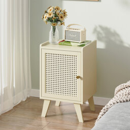 Cream White Faux Rattan Door Nightstand, Single Cabinet Bedside Storage Table