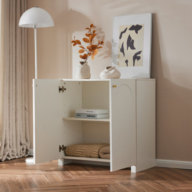 2-Door Storage Cabinet with Arched Design, Wooden Buffet Sideboard Adjustable Shelf Gold Handles, Freestanding Cupboard for Living Room