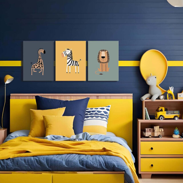 Kids Room 3Pcs Framed Giraffe Lion Zebra Wildlife Jungle Artwork Wall Art Decor Canvas Print Wall Painting Poster Cute Cartoon Gallery Baby Bedroom Pl