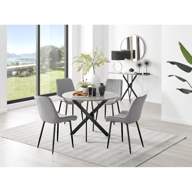 Tierra Modern Chrome Metal & Glass Round Dining Table Set with 4 Luxury Velvet Dining Chairs