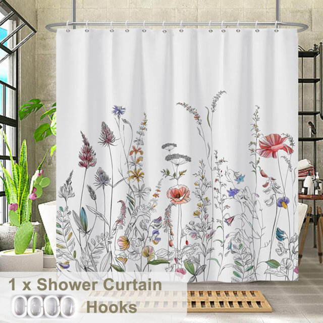 Pack of 1 Minimalist Plants Floral Bath Curtain with Hooks