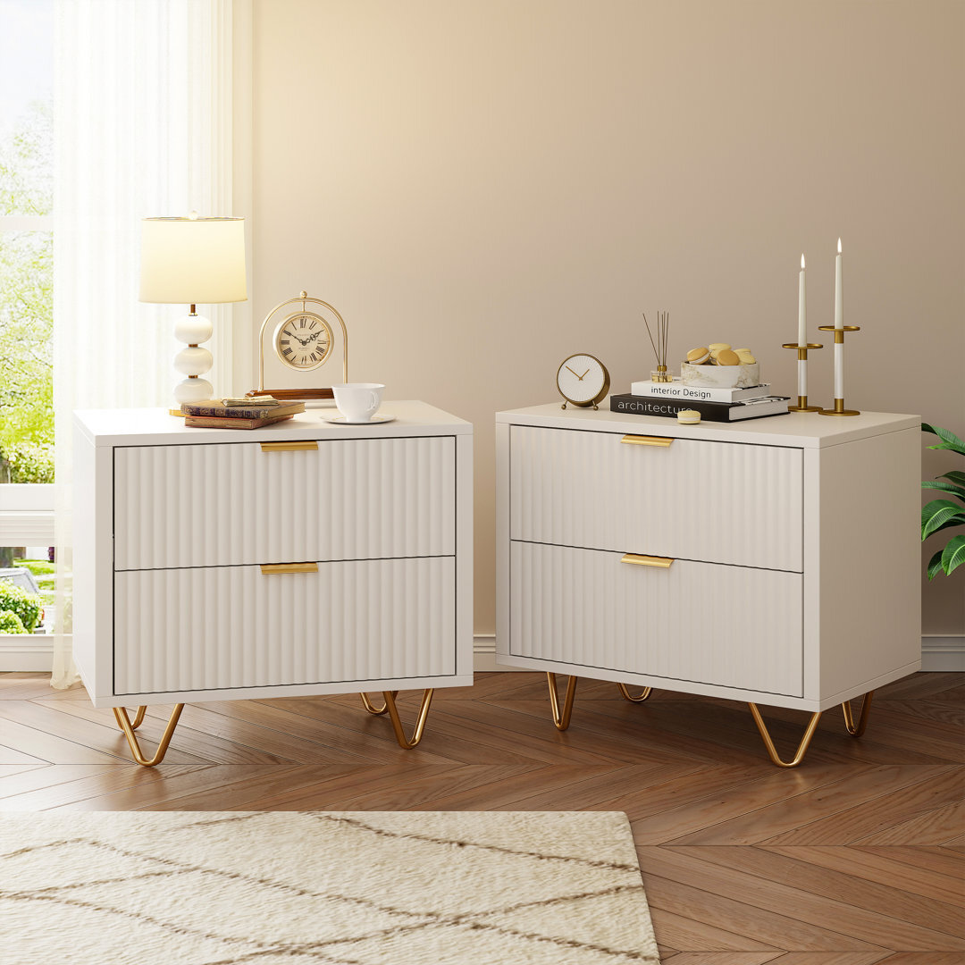 2-Piece White Bedside Tables With Gold Handles & Legs by Wayfair |  uFurnish.com