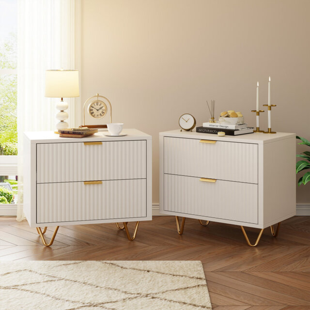 2-Piece White Bedside Tables With Gold Handles & Legs by Wayfair | uFurnish.com 2-Piece White Bedside Tables With Gold Handles & Legs by Wayfair | uFurnish.com