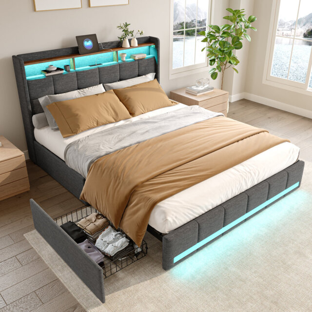 Linen Upholstered Bed With LED, Charging Ports & 4 Drawers