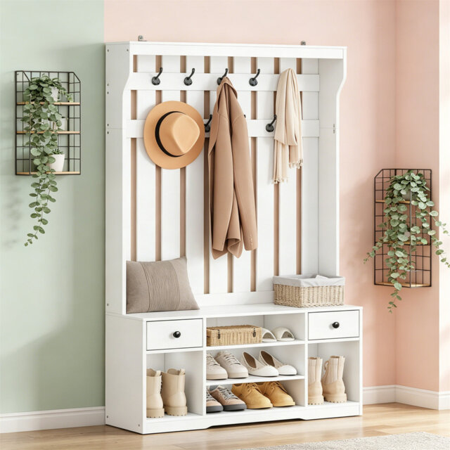 Coat Rack With Shoe Bench, 100X35x180cm Hall Tree With 9 Hooks & 2 Removable Fabric Drawers, Hallway Storage Unit Shoe And Coat Rack For Entryway Livi