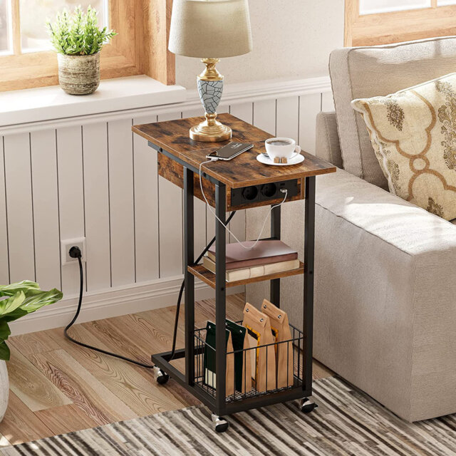 Side table with charging station, Flip C-shaped coffee table, coffee table with wheels and shelf, USB connections and sockets, bedside table for livin