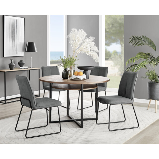 Round Concrete Effect & Black Legs Dining Table With Storage Shelf & 4 Luxury Velvet Dining Chairs