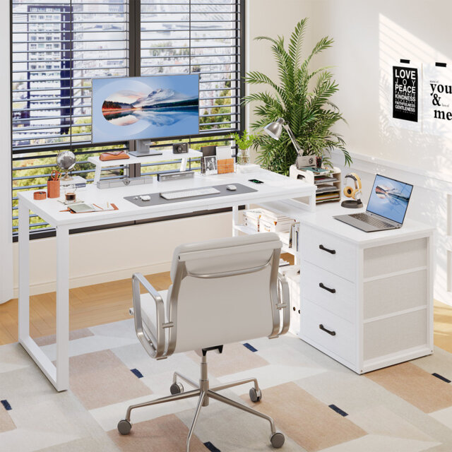L Shaped Computer Desk with USB Outlets, Drawers and Monitor Shelf