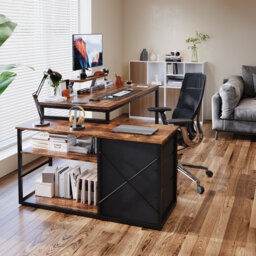 L Shaped Computer Desk with USB Outlets, Drawers and Monitor Shelf
