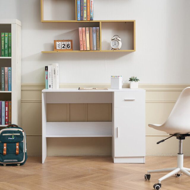 Small Desk with Drawer, Kids Desk for Bedroom, Wooden Simple Study Table for Drawing, Reading, Writing, Rectangle MDF Study Storage Table with Adjusta