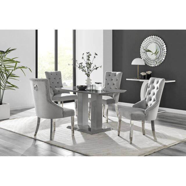 Edzard Modern Double Pedestal High Gloss Dining Table Set with 4 Luxury Velvet Dining Chairs