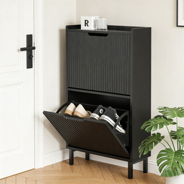 Narrow Shoe Rack With 2 Flip Drawers Slim Wooden Shoe Storage Cupboard For Hallway Entrance Foyer Or Understairs