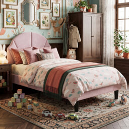 UK & EU Single Velvet Kids Bed Frame with Adjustable Headboard, Soft Upholstered Children's Bed, Pink & Beige, 90x190/200cm