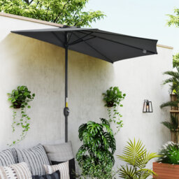 3m Half Round Patio Parasol, Grey Semi Circle Balcony Umbrella With Crank Handle, Metal Frame Uv Resistant Polyester Canopy With Top Vent, No Base Inc