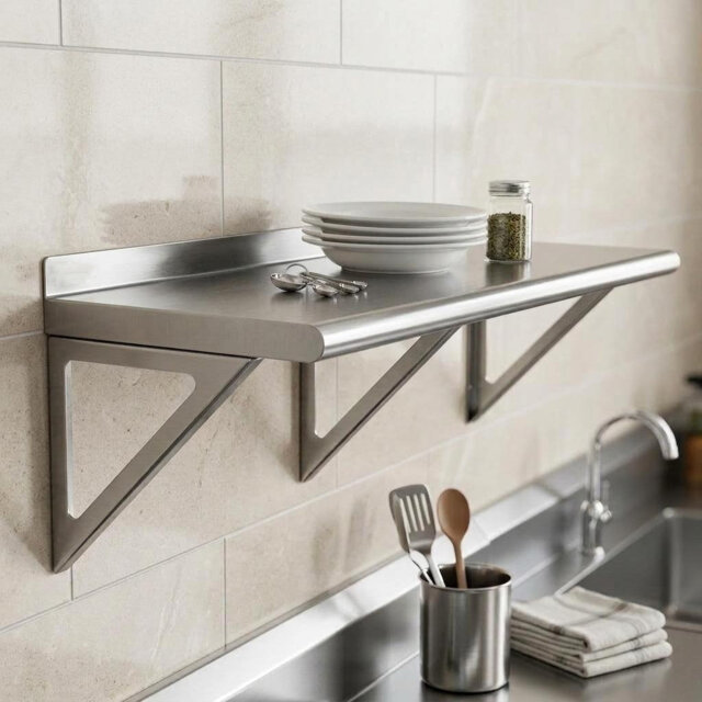 Stainless Steel Wall Mount Storage Shelf with Bullnose Safety Edges, Reinforced Triangle Brackets for Commercial Kitchen & Home Use