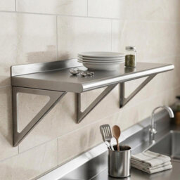 Stainless Steel Wall Mount Storage Shelf with Bullnose Safety Edges, Reinforced Triangle Brackets for Commercial Kitchen & Home Use