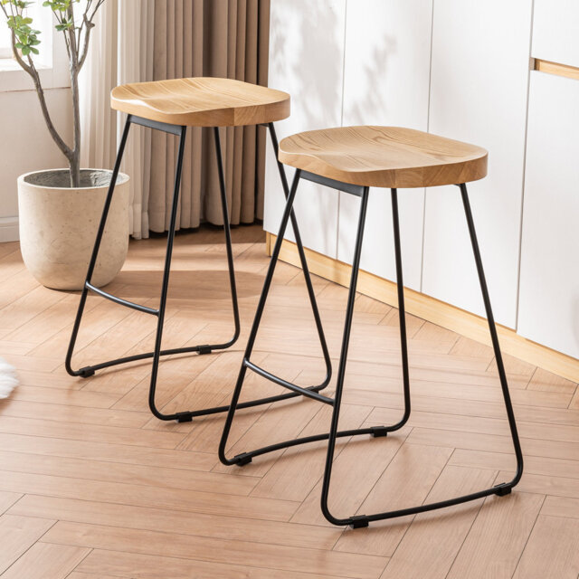 Bar Stools Set of 2 Rustic Counter Stools with Solid Wood Saddle Seat & Metal Legs, Backless Kitchen Island Stools for Breakfast Bar & Home Decor