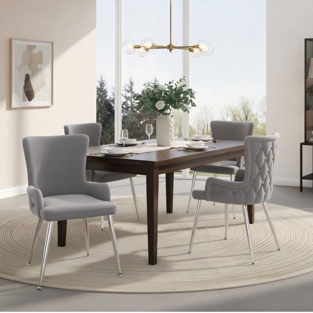 Set Of 2 Dining  Chairs Armchair Grey Velvet With Metal Legs