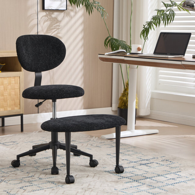 Height Adjustable Office Chair, 360° Swivel Backrest Chair, Black Chenille Fabric, Supports Cross-legged Sitting