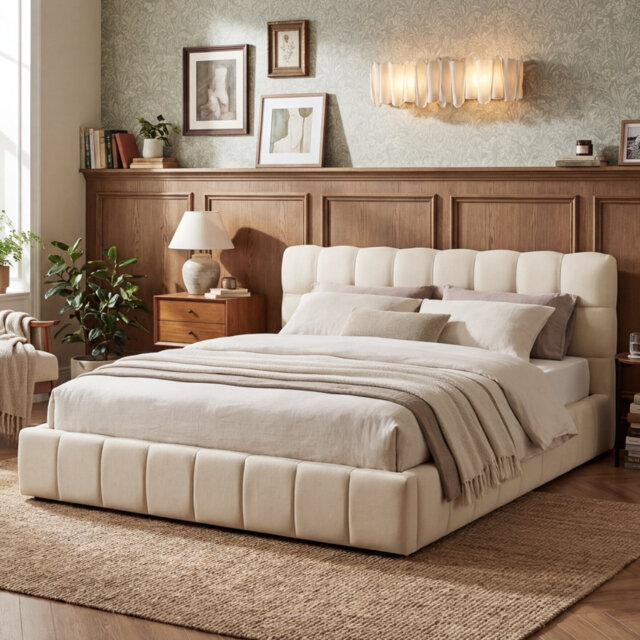 Multi-Sizes EU & UK Upholstered Bed, Modern Cloud Bed Frame with Padded Flange Edge & Embedded Design, Beige/Grey Linen