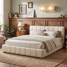 Multi-Sizes EU & UK Upholstered Bed, Modern Cloud Bed Frame with Padded Flange Edge & Embedded Design, Beige/Grey Linen