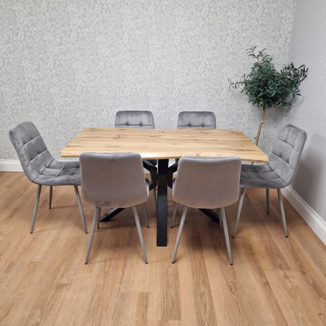 Wooden Brown Dining Table with 6 Velvet Chairs, Stylish Dining Room Furniture