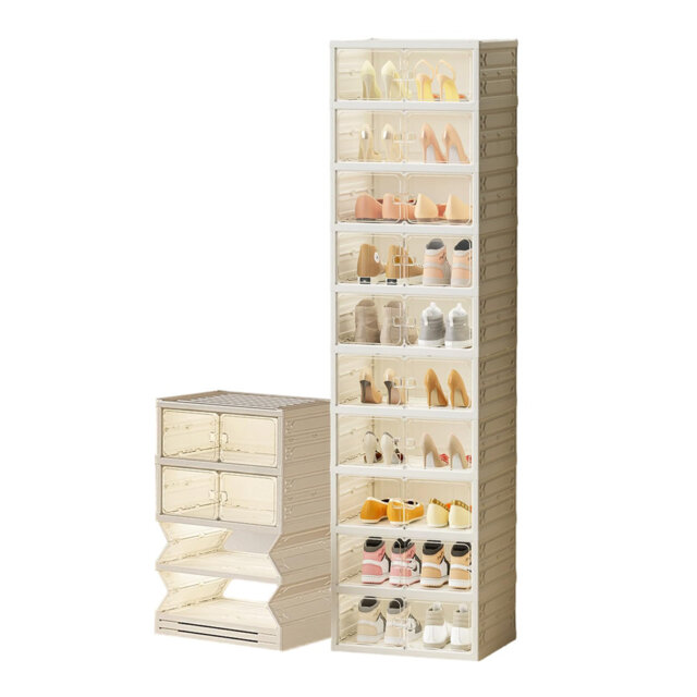 10 Tier Foldable Shoe Rack with Doors for 20 Pairs, Transparent Entryway Storage Box, Large Sneaker Shelf with Magnetic Door, Tall Plastic Folding Sho