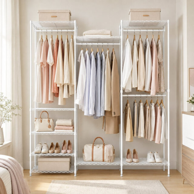 174cm 4 Rail Wire Garment Rack with 8 Shelves Freestanding Open Wardrobe