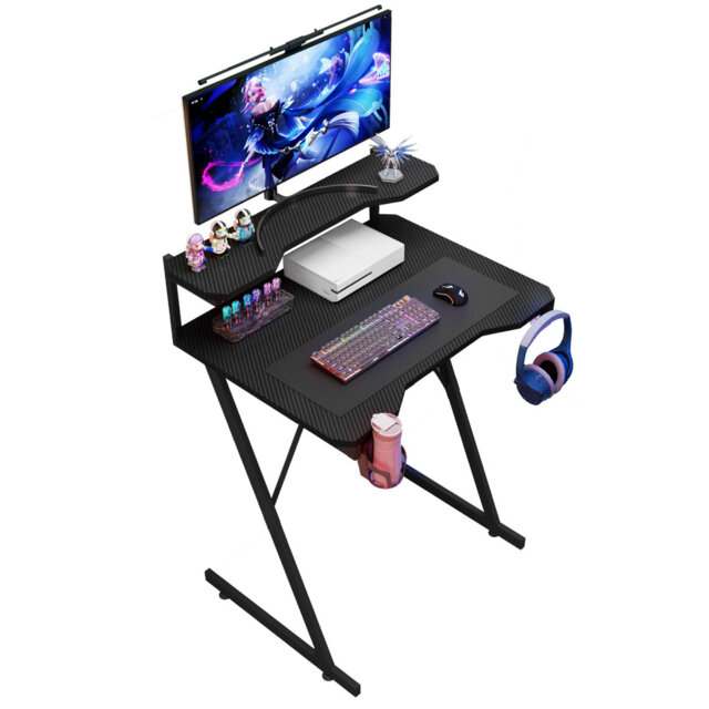 Gaming Desk With Monitor Stand Carbon Fibre Top Black With Cup Holder, Headphone Hook