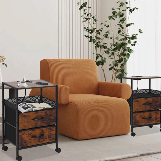 Slim Set Of 2 With Charging Station & 2 Drawers - Narrow With 2 Outlets Side Table