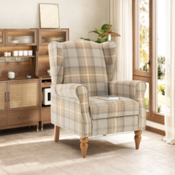 Solid Wood Upholstered Relaxation Armchair, Linen Wingback Chair for Living Room, Bedroom
