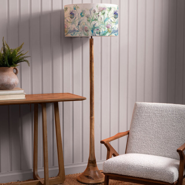 Kinross Wood Mango Floor Lamp & Cirsium Eva Damson Shade