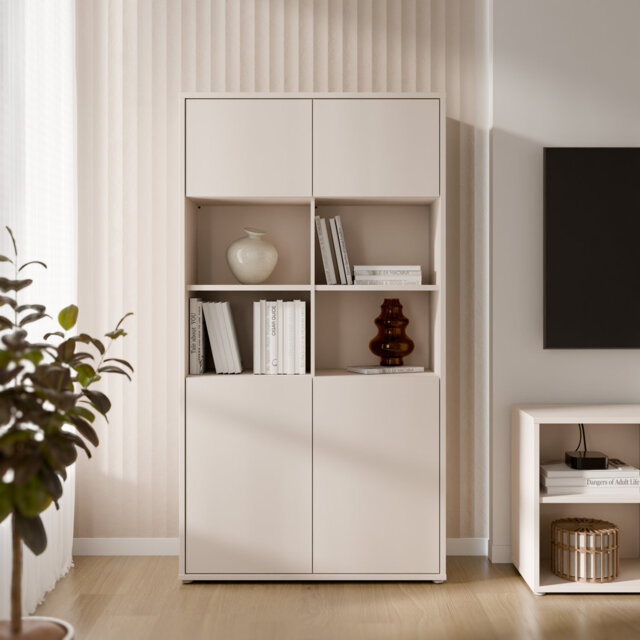 Chadwic Minimalistic tall display cabinet with 4 push-to-open doors and 4 open compartments, engineered wood, beige, 104.5 cm W x 191.9 cm H x 41.5 cm