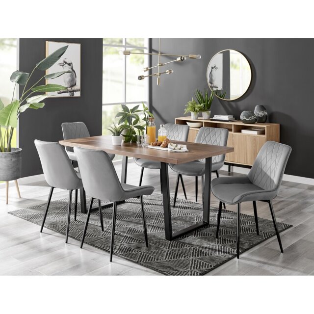 Kylooe Modern Brown Wood And Black Metal Dining Table Set With 6 Luxury Velvet Dining Chairs