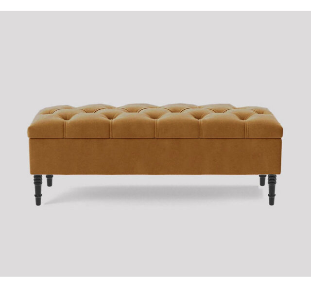 Alyana 90cm Wide Tufted Rectangle Ottoman Storage Bench, Upholstery Velvet Shoe Bench with Turned Wooden Legs