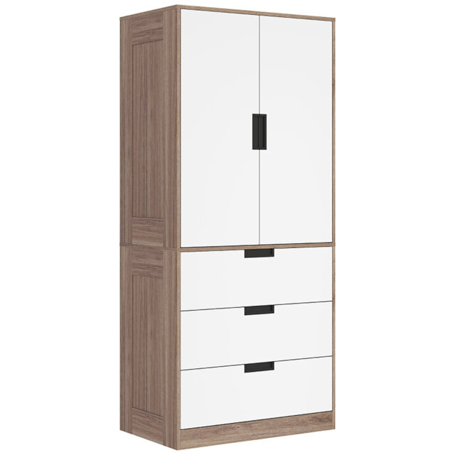 Freestanding Two Door Wardrobe with Three Storage Drawers and Internal Hanging Rail, Modern White and Oak Effect Wooden Clothing Storage Cabinet for B