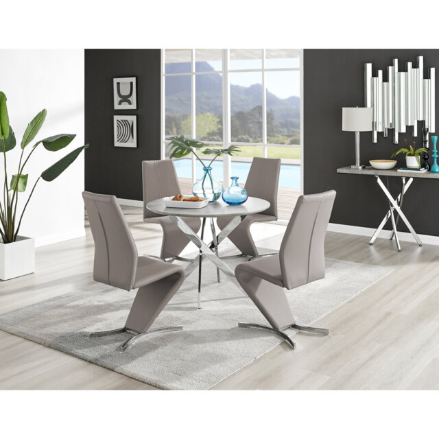 Tierra Modern Chrome Metal & Glass Round Dining Table Set with 4 Modern Design Faux Leather Chairs