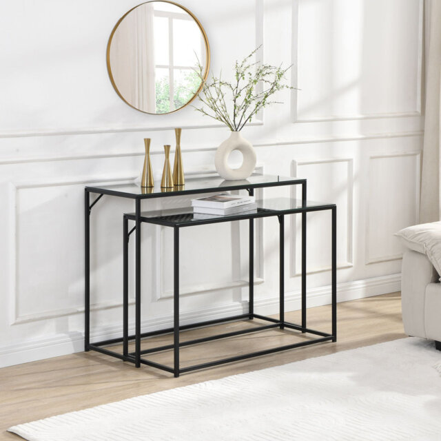 Set Of 2 Console Tables Black Metal Glass Top Modern Hall Tables