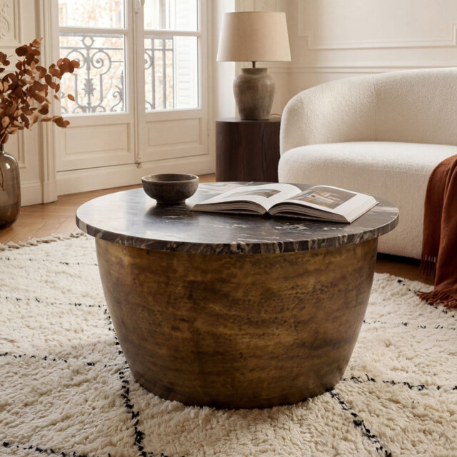 Round Black Marble Coffee Table with Gold Iron Drum Base