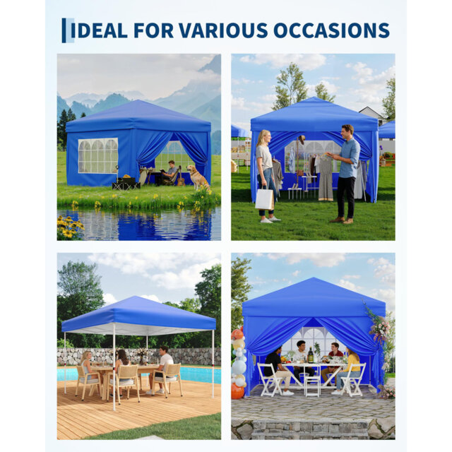 Pop Up Gazebo with 4 Sidewalls, 3m x 3m Marquee Party Tent with 4 Stakes, 4 Ropes, 4 Sandbags & Wheeled Bag