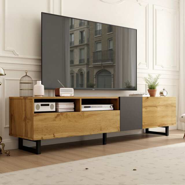 170Cm TV Stand For 75-Inch Tvs, Industrial Media Console With 3 Cabinets & Open Shelves, Wood & Dark Grey