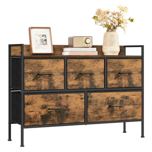Akimi Chest Of Drawers For Bedroom, 5 Fabric Drawers With Handles, Storage Organiser Unit, For Living Room, Hallway, Steel Frame, Rustic Brown And Ink