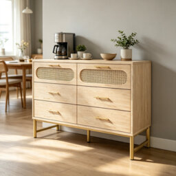 120cm W x 40cm D x 74cm H Boho Rattan Sideboard & Buffet, Oak-Effect 6-Drawer Storage Cabinet with Gold Metal Legs for Living Room, Bedroom & Hallway