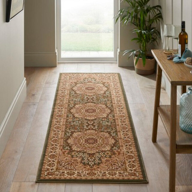 Green Traditional Bordered Floral Polypropylene Rug For Bedroom, Dining Room, Stain Resistant Modern Rug