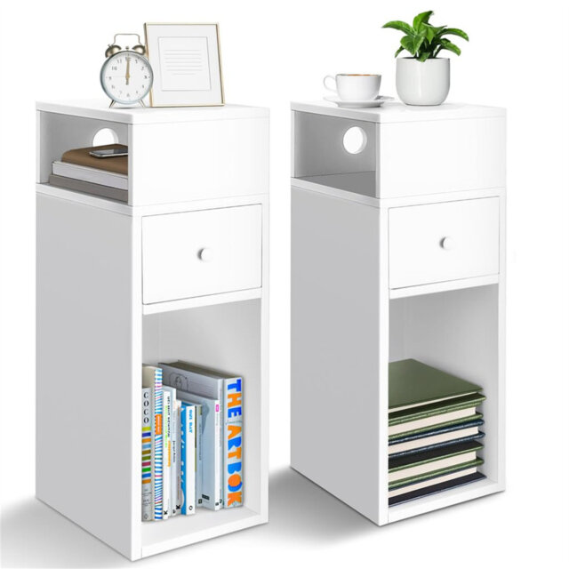 Narrow Wood Bedside Cabinet With Drawer And Open Shelf, Small Bedside Unit, Thin Nightstand For Bedroom, Living Room, Natural