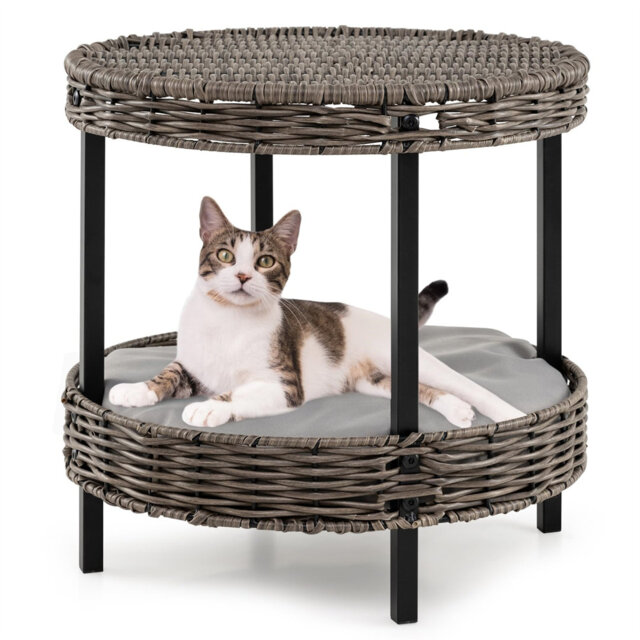 2-Tier Wicker Cat Bed, Elevated Cat Nest With Soft Removable Cushions, Indoor Outdoor Rattan Kitten House Footstool Side Table