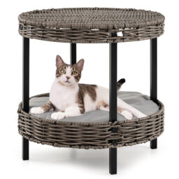 2-Tier Wicker Cat Bed, Elevated Cat Nest With Soft Removable Cushions, Indoor Outdoor Rattan Kitten House Footstool Side Table